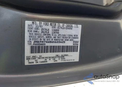 1998 Mercury Grand Marquis z USA, uszkodzony, nr VIN 2MEFM74W8WX605625